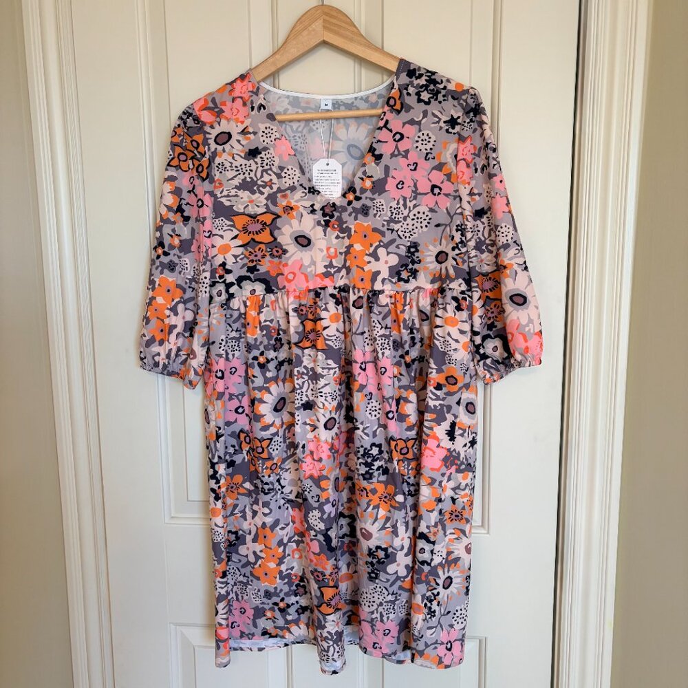 Made With Love NWT Floral Midi Dress Taupe Pink Orange Boho Summer Wedding Med